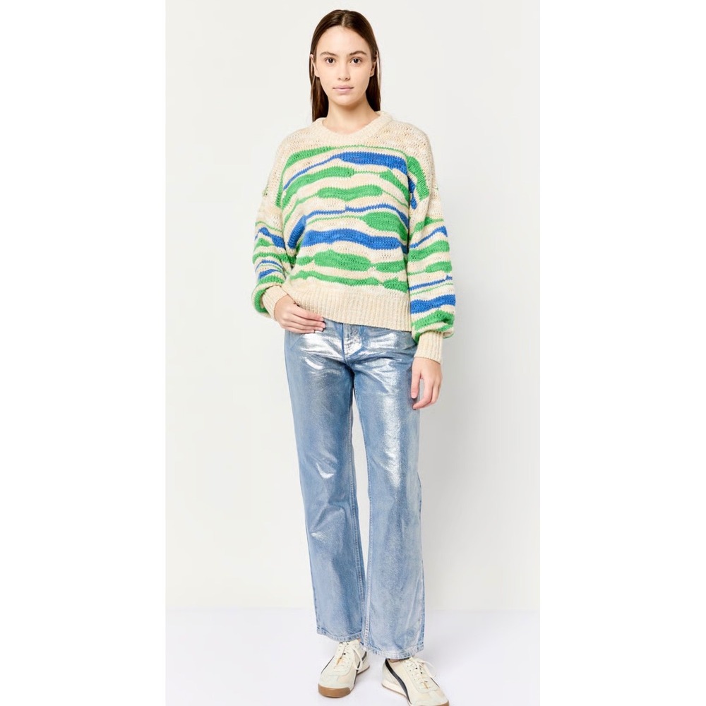 Aerie Textured Stripe Chunky‎ Knit Crewneck Sweater Green Blue Cream Relaxed Fit